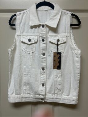 Halitosis White Sleeveless Denim Vest with Button Front
